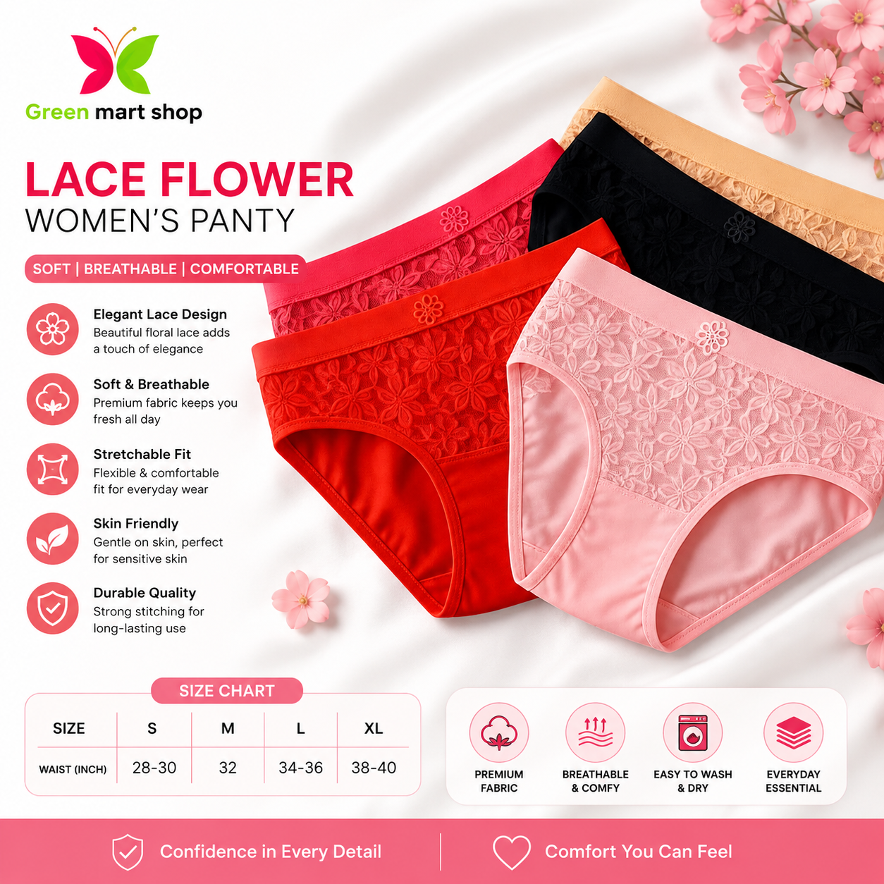 Premium Lace net Cotton Women's Panty (4 Pcs Combo) | সফট, ব্রিদেবল ও আরামদায়ক লেডিস প্যান্টি